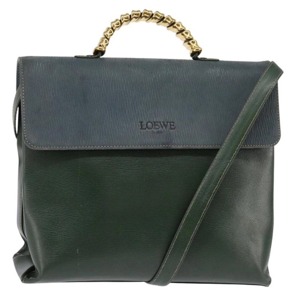 LOEWE Velazquez Hand Bag Suede Leather 2way Green Gold Auth BA6067